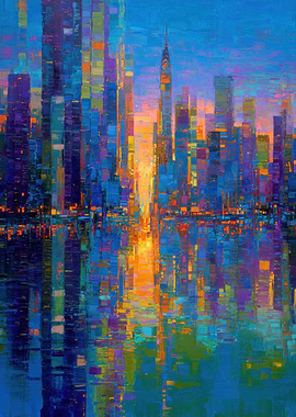 Abstract Cityscape Painting with Reflections