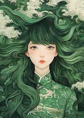 Green Haired Woman with Cloud Hair