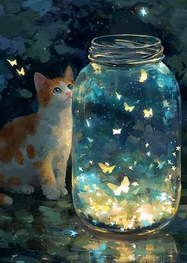 Cat Gazing at Jar of Butterflies