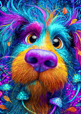 Psychedelic Dog Portrait with Mushrooms