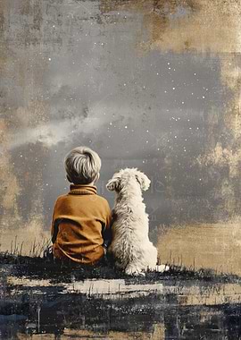 Boy and Dog Stargazing Art