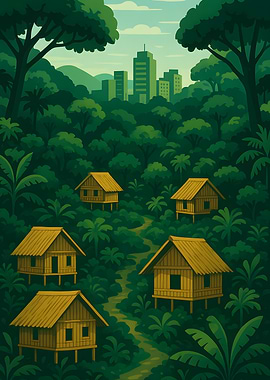 Jungle Huts and Cityscape Illustration