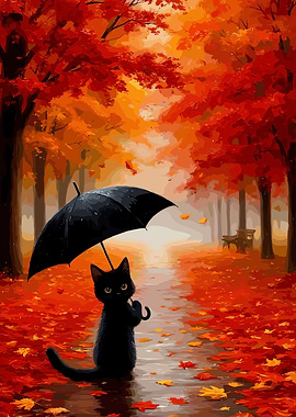 Black Cat with Umbrella in Autumn