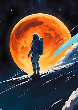 Astronaut on a planet with orange moon
