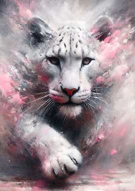 Snow Leopard Portrait with Pink Accents