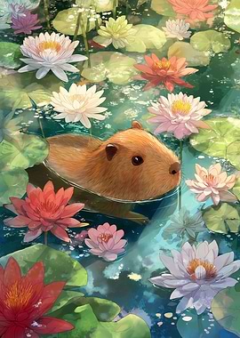 Capybara in a Lily Pond