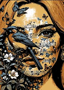 Woman's Face with Bird and Butterflies