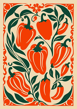 Peppers and Leaves Art Print