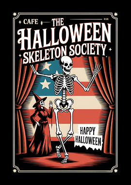Halloween Skeleton Society Cafe Poster