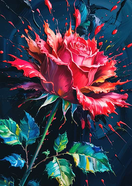Abstract Red Rose Painting with Splatters
