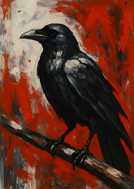 Raven Perched on Branch Painting
