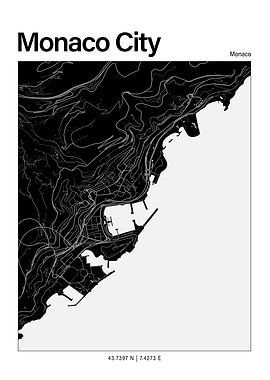 Monaco City Black and White Map