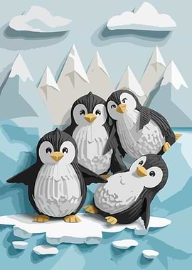 Penguin Family on Iceberg Illustration