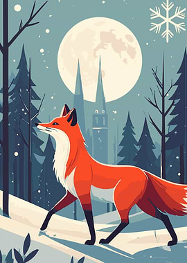 Fox in Winter Landscape Illustration