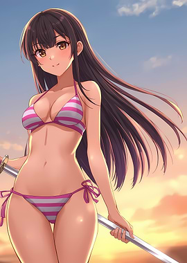 Anime Girl with Sword on Beach