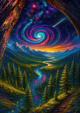 Cosmic Landscape with River and Galaxy