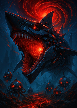 Mechanical Shark with Lava and Drones