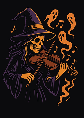 Skeleton Witch Playing Violin with Ghosts