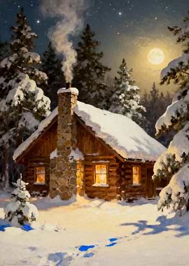 Winter Cabin Under Moonlight