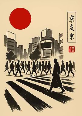 Japanese Cityscape with Pedestrians and Sun