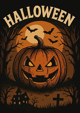 Halloween Pumpkin with Bats and Haunted House