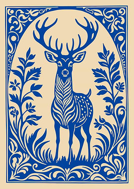 Blue Deer Floral Illustration