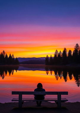 Sunset Reflection on Lake with Person