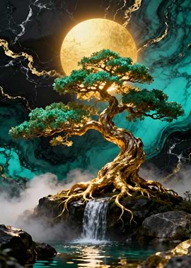 Golden Bonsai Tree with Waterfall