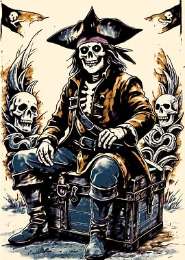 Skeleton Pirate Sitting on Treasure Chest