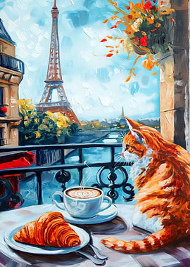 Parisian Balcony with Cat and Croissant