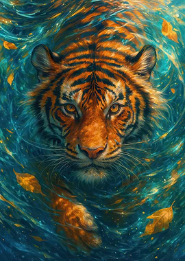Tiger in Water with Autumn Leaves