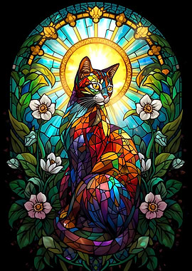 Stained Glass Cat with Floral Frame