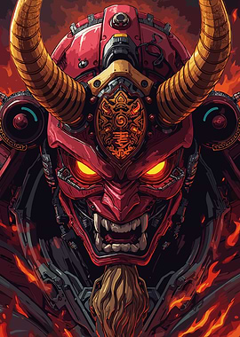 Imagination of Samurai with Red Oni Mask