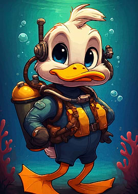 Cartoon Duck Scuba Diver Illustration