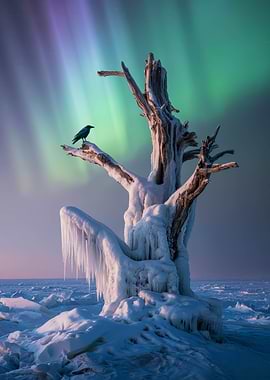 Frozen Tree with Raven and Aurora