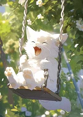 Happy White Cat on a Swing