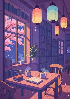 Anime Cozy Library Interior with Cherry Blossoms Sakura