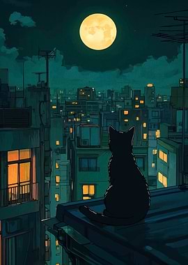 Cat on Rooftop Under Moonlight