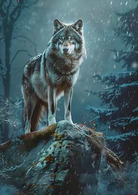 Wolf Standing on Rock in Winter