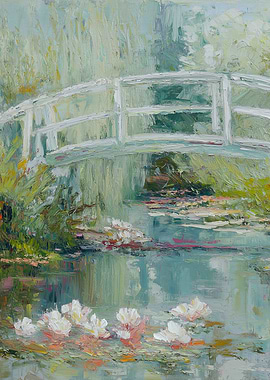 Impressionistic Water Lilies and Bridge Painting