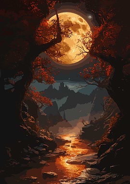 Pixel Art Autumnal Landscape with Moon