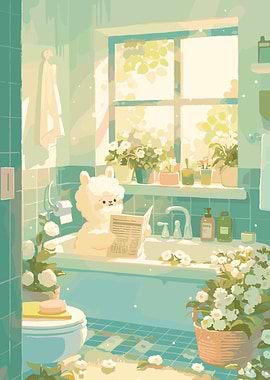 Llama Reading Newspaper in Bathtub