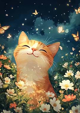 Happy Cat in a Flower Field