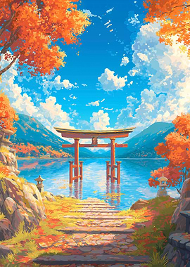 Japanese Torii Gate in Autumn Landscape