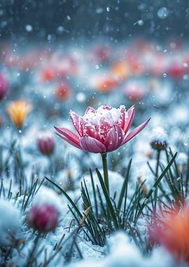 Snow-covered flowers in a winter garden