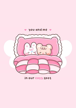 Cozy Bunny and Bear in Bed Snuggling