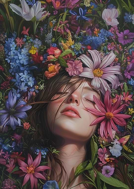 Woman Surrounded by Flowers Painting