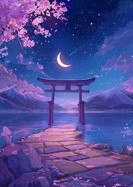 Torii Gate Night Moon Cherry Blossoms