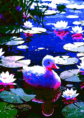 Duckling in Water Lilies Pond