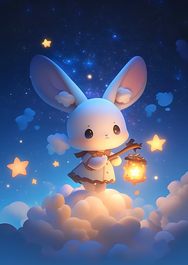 Cute Bunny with Lantern on Clouds